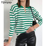 Yipinpay Striped Knit Sweater Women Pullover Tops Long Sleeve Turndown Collar Jumper Autumn Winter Streetwear Baggy Sweaters