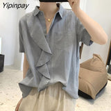 Yipinpay 2023 Summer Short Sleeve Cotton Shirt Women Korean style Ruffles Button Up Solid Ladies Blouse Tunic Casual Clothing Tops