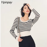 Yipinpay 2023 Winter Korean style Long Sleeve Slim Strip Sweater Women Patchwork Ladies Crop Tops Pullover Female Tops Clothing