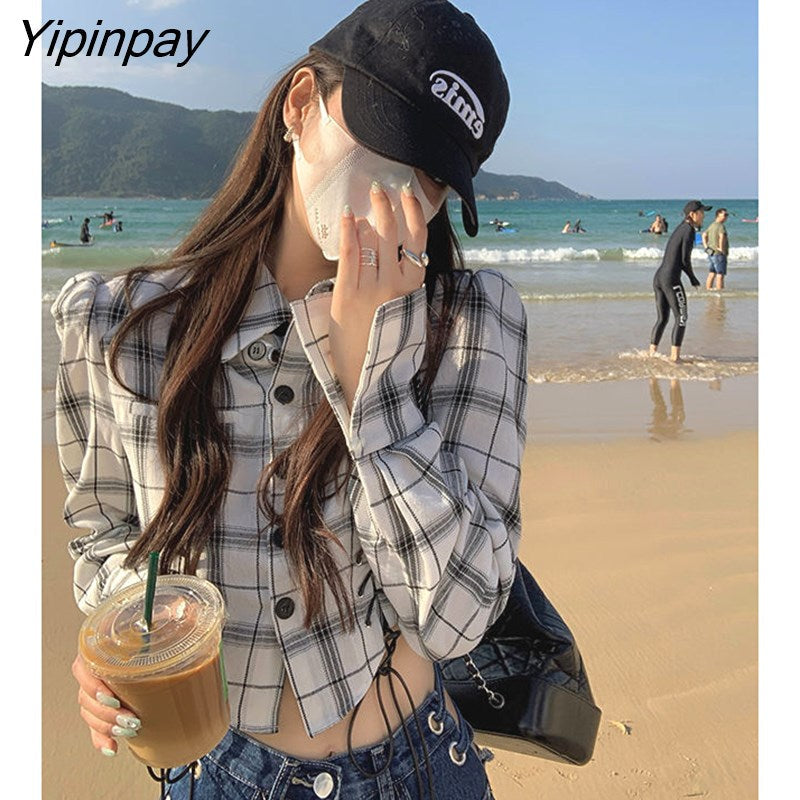 Yipinpay 2023 Autumn Street Style Long Sleeve Plaid Shirt Women Y2K Button Up Bandage Ladies Crop Tops Female Sexy Blouse Clothing