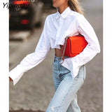Yipinpay 2023 Spring Streetwear Long Sleeve Cotton Asymmetrical CottoWomen White Shirt Sexy Button Woman Crop Tops Female Blouse