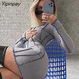 Yipinpay Women's Convex Strip Flare Sleeve Slim Midi Dress 2023 Spring O Neck Party Club Mini Dresses Female Office Solid Robe Outifits