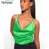 Yipinpay Sexy Ruched Satin Halter Tops Women Short Vest 2023 Summer Backless Camis Streetwear Sleeveless V Neck Black Crop Top