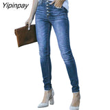 Yipinpay Effect Button Up Skinny Jeans Women High Waist Denim Trousers Streetwear Blue Cotton Distressed Sexy Jean Pencil Pants
