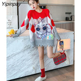 Yipinpay 2023 Winter Sweet Cat Print Full Sleeve Long Sweater Women Korean Style Frayed O Neck Laides Knit Pullover Female Tops