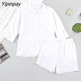 Yipinpay Two Piece Shirt Set Women Loose Blouses Cardigan Tops And Shorts High Waist 2023 Spring Summer Baggy Shirts Outfits Sets