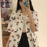 Yipinpay Vitage Short Sleeve Loose Women Blouse Shirt Y2K Butterfly Printing Button Up Pockets Womens Shirts 2023 Summer Y2K Tops