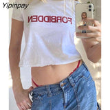 Yipinpay Fashion Letter 2000s Print fairy grunge Summer E-girl White 90s Crop Tops Slim Streetwear Harajuku Goth Short Sleeve T-shirt