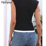 Yipinpay Patchwork Knitted Tops Women Skinny T Shirt Summer Sleeveless Turndown Collar Black White Basic Tees Sexy Knitting Tops