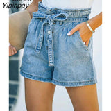 Yipinpay Blue Cotton Button Up Stretch Denim Shorts Women High Waist Streetwear With Pockets Drawstring Sexy Skinny Jean Shorts