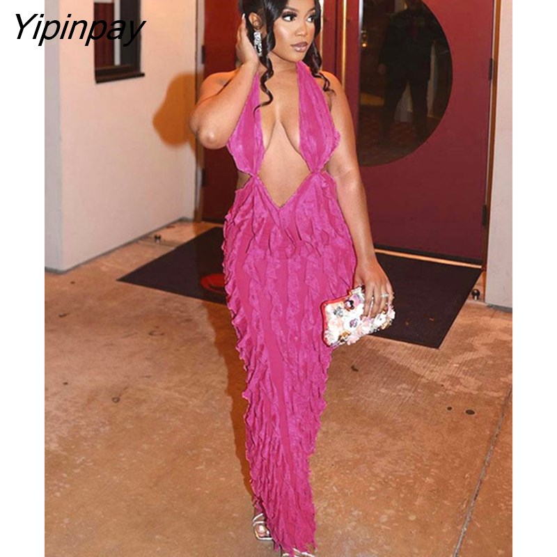 Yipinpay Halter Low Cut Backless Maxi Dress For Women Sleeveless Pleated Slim Dresses 2023 Summer Beach Harajuku Lolita Y2K Vestidos