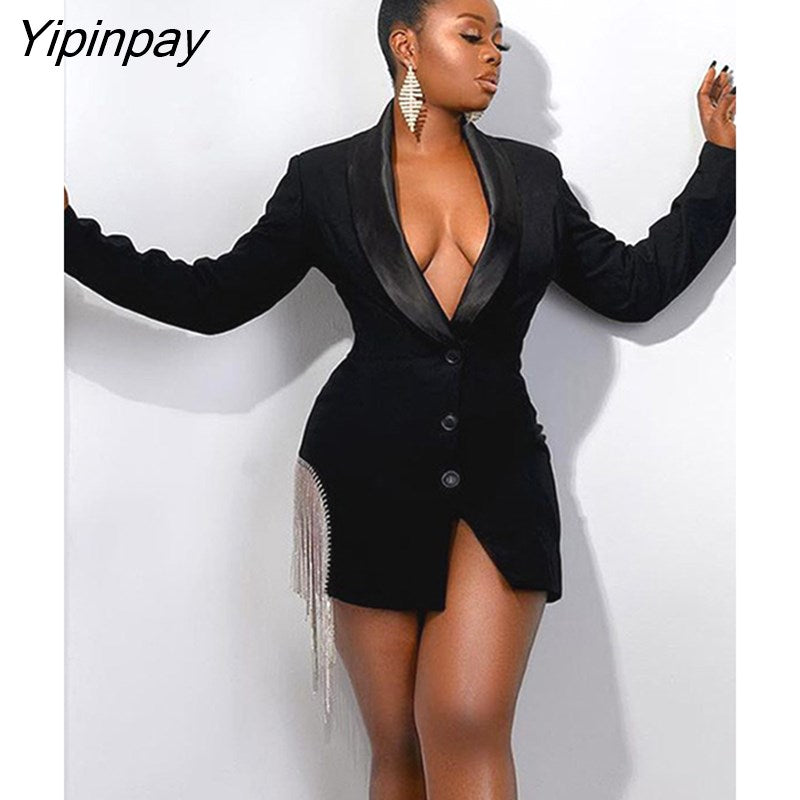 Yipinpay Women Fashion Single Breasted Tassels Blazer Dress 2023 Vintage Beading High Street Dresses Ladies Elegant Chic Slim Blazers