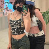Yipinpay Portrait Print T-shirt Aesthetic Y2K Crop Tops Short Sleevle Vest Tees Harajuku Streetwear White Suspenders Women Clothes