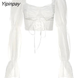 Yipinpay 2023 Summer Sexy Long Lantern Sleeve Women corset Crop tops Blouse Bandage Chiffon White Shirt Female Party Clothing