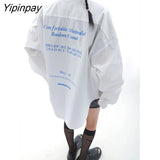 Yipinpay 2023 Autumn Oversize Long Sleeve White Long Shirt Women Streetwear Button Up Letter Print Ladies Tunic Blouse Female Tops