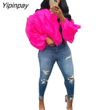 Yipinpay Women Elegant Ruffled Layered Puff Sleeve Top 2023 Summer Female Solid Petal Chiffon Long Sleeve Cropped Blouse Streetwear