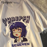 Yipinpay T-Shirt Women Anime Cartoon Retro Print Kawaii Aesthetic Harajuku Short Sleeve Goth Punk Y2k Tops Tees Female Clothing