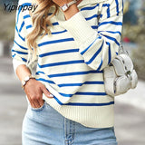 Yipinpay Striped Loose Knitted Sweater Tops Pullover Women Jumpers Streetwear Autumn Winter Long Sleeve V Neck Knitwear Sweaters