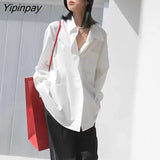 Yipinpay Minimalist Style Long Sleeve White Shirt Women Oversize Button Up Pocket Ladies Blouse 2023 Summer Work Female Clothing