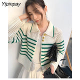 Yipinpay 2023 Winter Office Lady Long Sleeve Stripe Women Shirt Korean style Button Up Hollow Out Knit Blouse Spring Women Tops