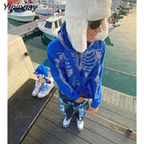 Yipinpay Men Fashion Hoodie Skull Rhinestone ZipUp Hoodie grunge Oversized Sweatshirt Punk Harajuku Long Sleeve Outerwear Y2k clothes men