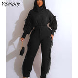 Yipinpay Women's Tassel Knited Tracksuit Sets Elegant Puff Sleeve Turtleneck Sweater And Pants 2 Piece Suits 2023 Warm Sweaters Outfits