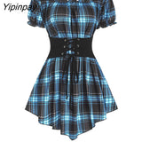 Yipinpay Fashion Croset Style Off The Shoulder Corset Waist Plaid Women Top Fashion Hide Tummy Short Sleeve Tee For Summer