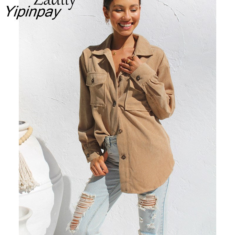Yipinpay 2023 Winter New In Corduroy Full Sleeve Long Shirt Women Casual Thick Loose Button Up Woman Blouse Warm Clothing Coat Top