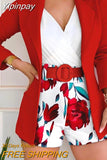 Yipinpay Sleeve Blazer & Floral Print Shorts Set with Belt Women Casual New Fashion 2023 Female Clothing Outfits Suit