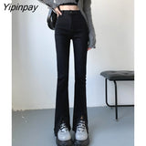 Yipinpay Split Plush Flared Jeans Women High Waist Slim Denim Pants