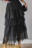 Yipinpay Lace Tulle Skirt Women Solid Summer Long White Black Tutu Skirts A Line Skirt Laides Elegant High Waist Elastic Faldas