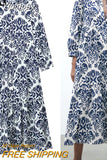 Yipinpay Blue Printed Long Dress Women Ruffle Shirt Dress Woman 2023 Ruched Midi Dresses Loose Casual Summer Women's Dresses