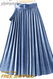 yipinpay Autumn Winter Skirt Women With Belt Long Metallic Silver Maxi Pleated Skirt Midi High Waist Fashion Vintage Saia Party