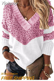 Yipinpay Autumn Winter V-neck Women's Pullover Leopard Striped Vintage Long Sleeve Knit Top Korean Fashion Pink Women Sweater Jersey