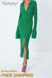 Yipinpay Autumn Winter Elegant Knit Rib Bodycon Dress Office Lady Long Sleeve Lapel Button down Midi Dress Party Casual Women Wear
