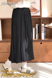 yipinpay Summer Pleated Midi Skirt Women Solid Color Elegant Lining A-line Long Faldas Female Slim Chic Cute High Waist Skirts