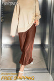 Yipinpay High Waist A-Line Skrit Women Brown Satin Skirts Ladies Streetwear Long Skirts Ankle-Length Solid Black Skirt Summer