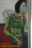 yipinpay T-Shirt Mesh Top Sexy Print Crop Top Party Club Outfits Transparent Tops Streetwear Clothes Long Sleeve Tee Women
