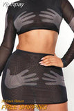 Yipinpay Palm Printed Mini Hip Skirts Suit Mesh Long Sleeve Cropped Pullover And Wrap Skirt Casual High Street Sexy Outfits