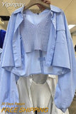 Yipinpay Crop Camisole Tank Tops 2 Piece Sets Blue Long Sleeve Shirt Women Casual Pleated Spring Blouse Wild White Shirt