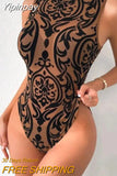 Yipinpay New Sexy Bodysuit Women Tribal Pattern Flocked Sleeveless Tops Bodysuit Vintage Casual Mock Neck Skinny Female Slim Rompers