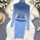 Yipinpay Full Sleeve Slim Knitted Pencil Dress Female Casual Pullover Turtleneck Sweater Bodycon Dress Ladies Autumn Winter