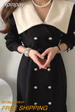 Yipinpay Fishtail Turn Down Collar Contrast Patchwork Robe Femme Vestidos Mujer Elegant Long Sleeve Double Breasted Slim Dresses