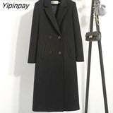 Yipinpay Cotton Mixed Black Woolen Coat Women's Long Winter Korean Version Slim Fitting Thickened With