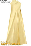 Yipinpay Yellow Off Shoulder Long Dress Women Asymmetric Satin Dress Woman Backless Sexy Party Dresses Summer Slit Evening Dresses