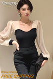 Yipinpay Slim Blusas Mujer French Square Long Sleeve Short Shirt Thin Womens Tops Chiffon Blouse Wild Elegant Knitwear Black Shirts