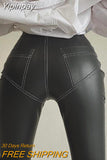 Yipinpay Autumn Y2k Fashion PU Leather Skinny Pant 2023 Slim Stretch Stitching Women Trousers Street Party Sexy Femm Pencil Pants