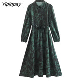 Yipinpay Women Fashion Print Mid-Calf Dresses With Belt 2023 Female Elegant Turn Down Collar Dresses Long Sleeve Soft Vestidos