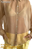 Yipinpay Shirt for Women Harajuku Autumn Clothes 2023 Long Sleeve Vintage y2k Button-Down See-Through Loose Shirt for Ladies