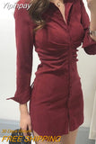 Yipinpay OL Retro All-match Temperament Pink Lapel Single Breasted Wrap Hip Dress Mini Slim High Waist Solid Vestido Mujer Shirts